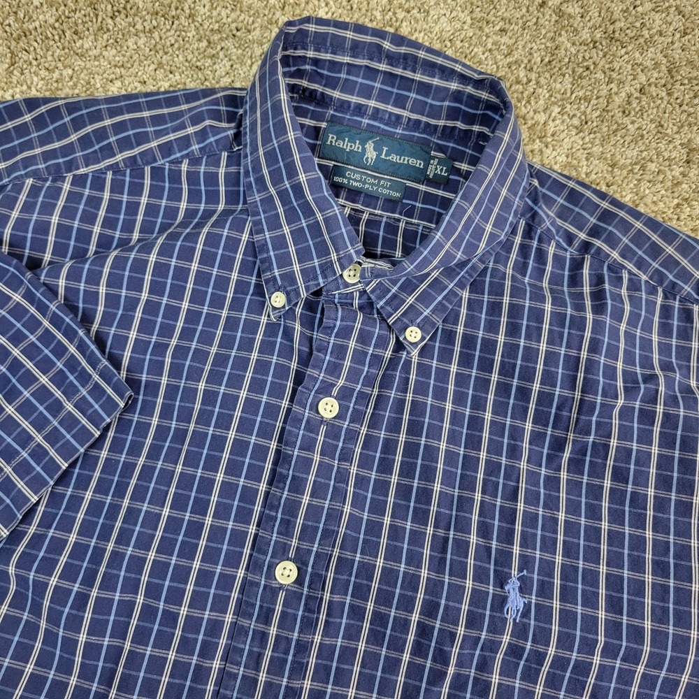 Vintage Ralph Lauren Custom Fit Mens XL Blue Plaid Pony Button Down Short Sleeve